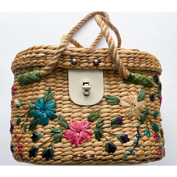 None and/or Unknown Handbags - Vintage Straw Basket Top Handle Bag with Colorful Florals